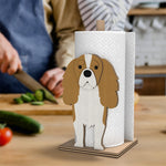 Cavalier King Charles Spaniel Wooden Dog Paper Towel Holder displayed on a kitchen countertop with a freestanding paper towel roll