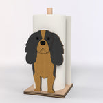 Cavalier King Charles Spaniel Wooden Dog Paper Towel Holder displayed on a kitchen countertop with a freestanding paper towel roll