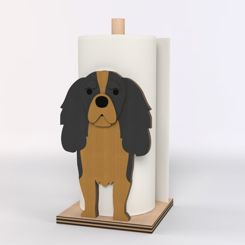 Cavalier King Charles Spaniel Wooden Dog Paper Towel Holder displayed on a kitchen countertop with a freestanding paper towel roll