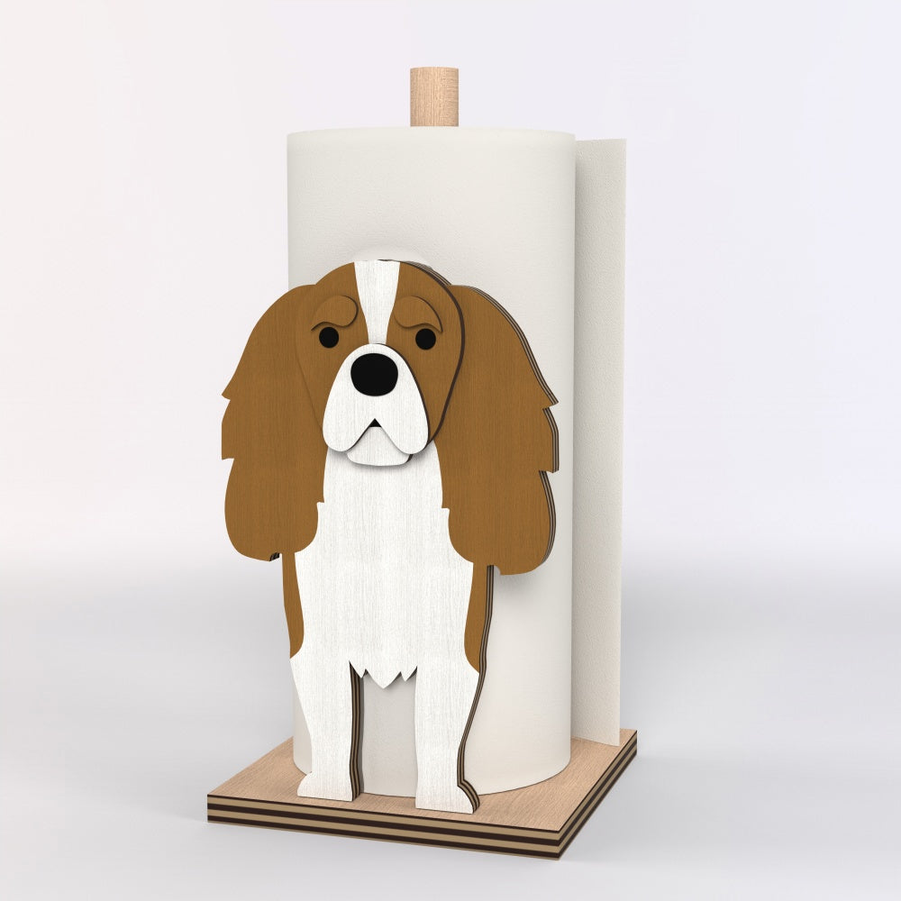 Cavalier King Charles Spaniel Wooden Dog Paper Towel Holder displayed on a kitchen countertop with a freestanding paper towel roll