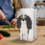 Cavalier King Charles Spaniel Wooden Dog Paper Towel Holder displayed on a kitchen countertop with a freestanding paper towel roll