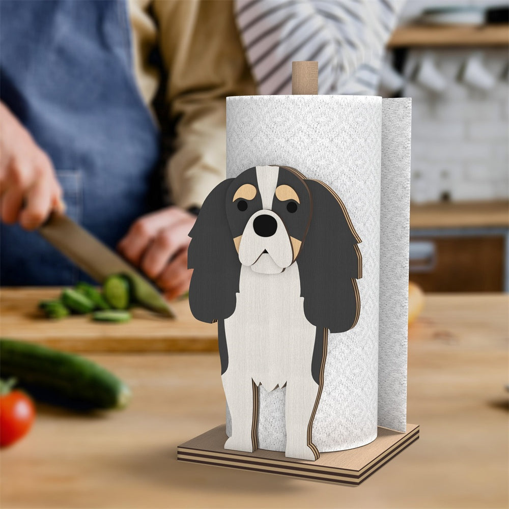 Cavalier King Charles Spaniel Wooden Dog Paper Towel Holder displayed on a kitchen countertop with a freestanding paper towel roll