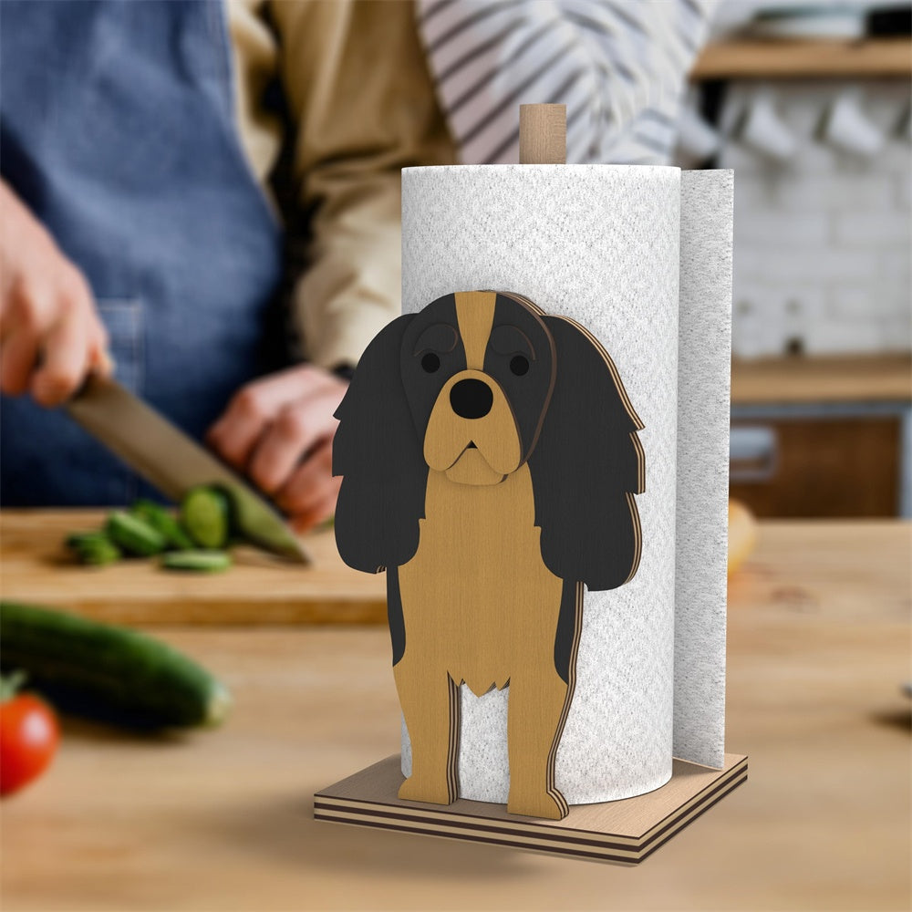 Cavalier King Charles Spaniel Wooden Dog Paper Towel Holder displayed on a kitchen countertop with a freestanding paper towel roll