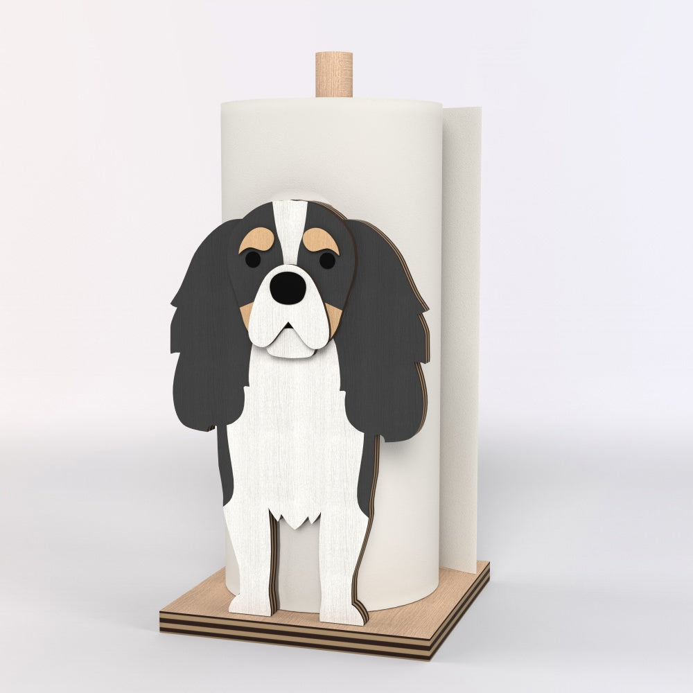 Cavalier King Charles Spaniel Wooden Dog Paper Towel Holder displayed on a kitchen countertop with a freestanding paper towel roll