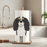 Cavalier King Charles Spaniel Wooden Dog Paper Towel Holder displayed on a kitchen countertop with a freestanding paper towel roll