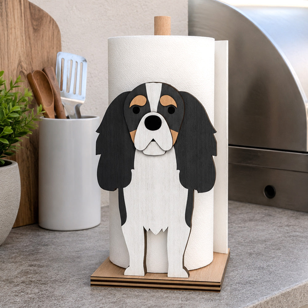 Cavalier King Charles Spaniel Wooden Dog Paper Towel Holder displayed on a kitchen countertop with a freestanding paper towel roll