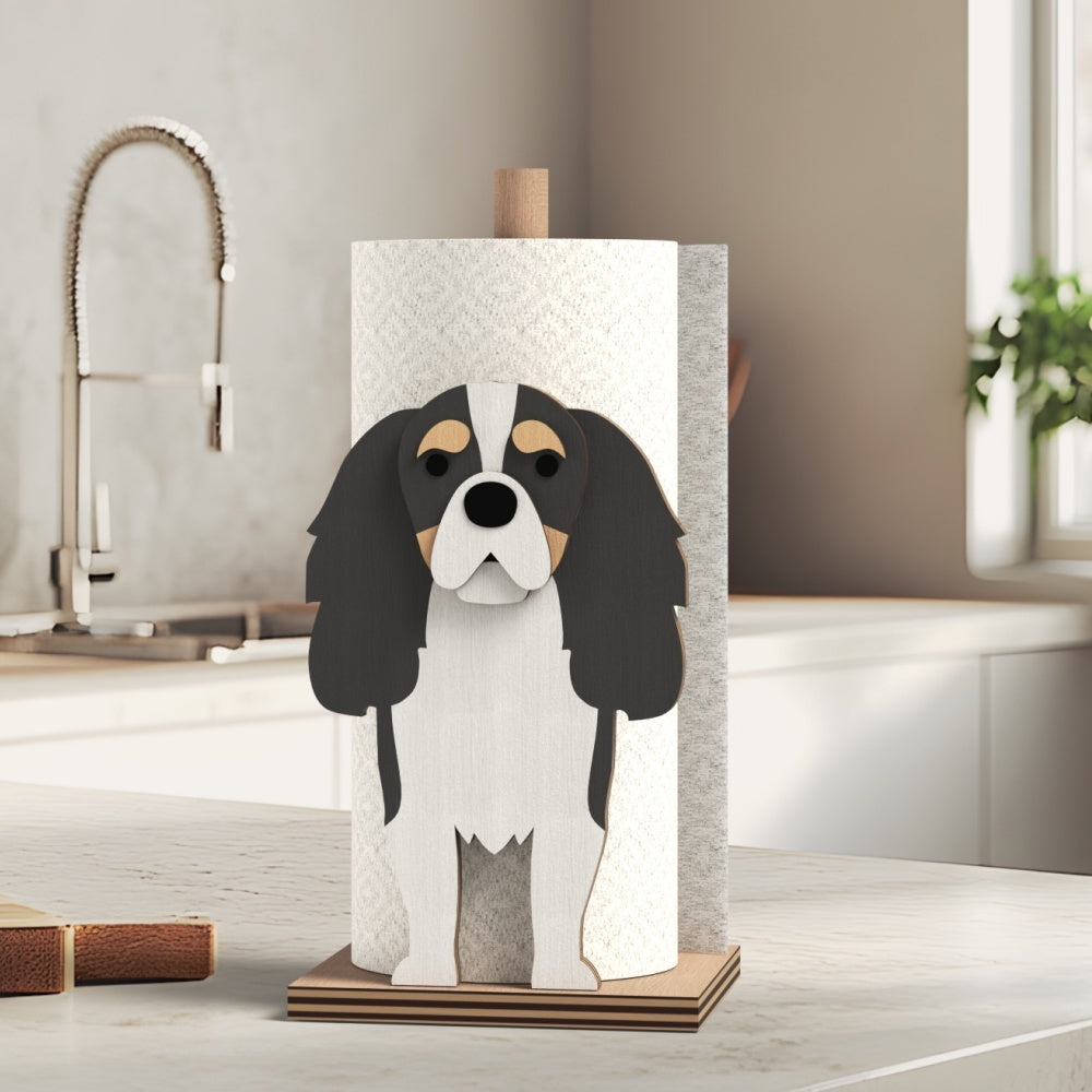 Cavalier King Charles Spaniel Wooden Dog Paper Towel Holder displayed on a kitchen countertop with a freestanding paper towel roll