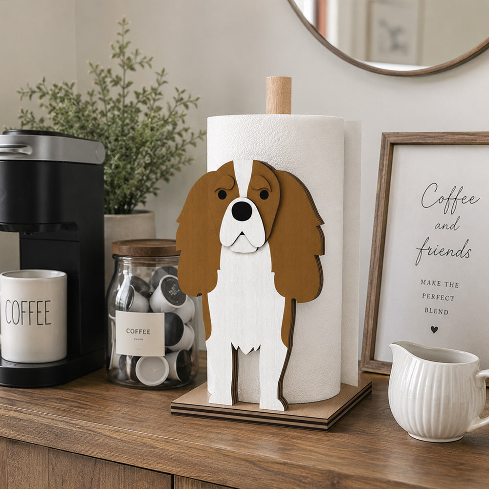 Cavalier King Charles Spaniel Wooden Dog Paper Towel Holder displayed on a kitchen countertop with a freestanding paper towel roll