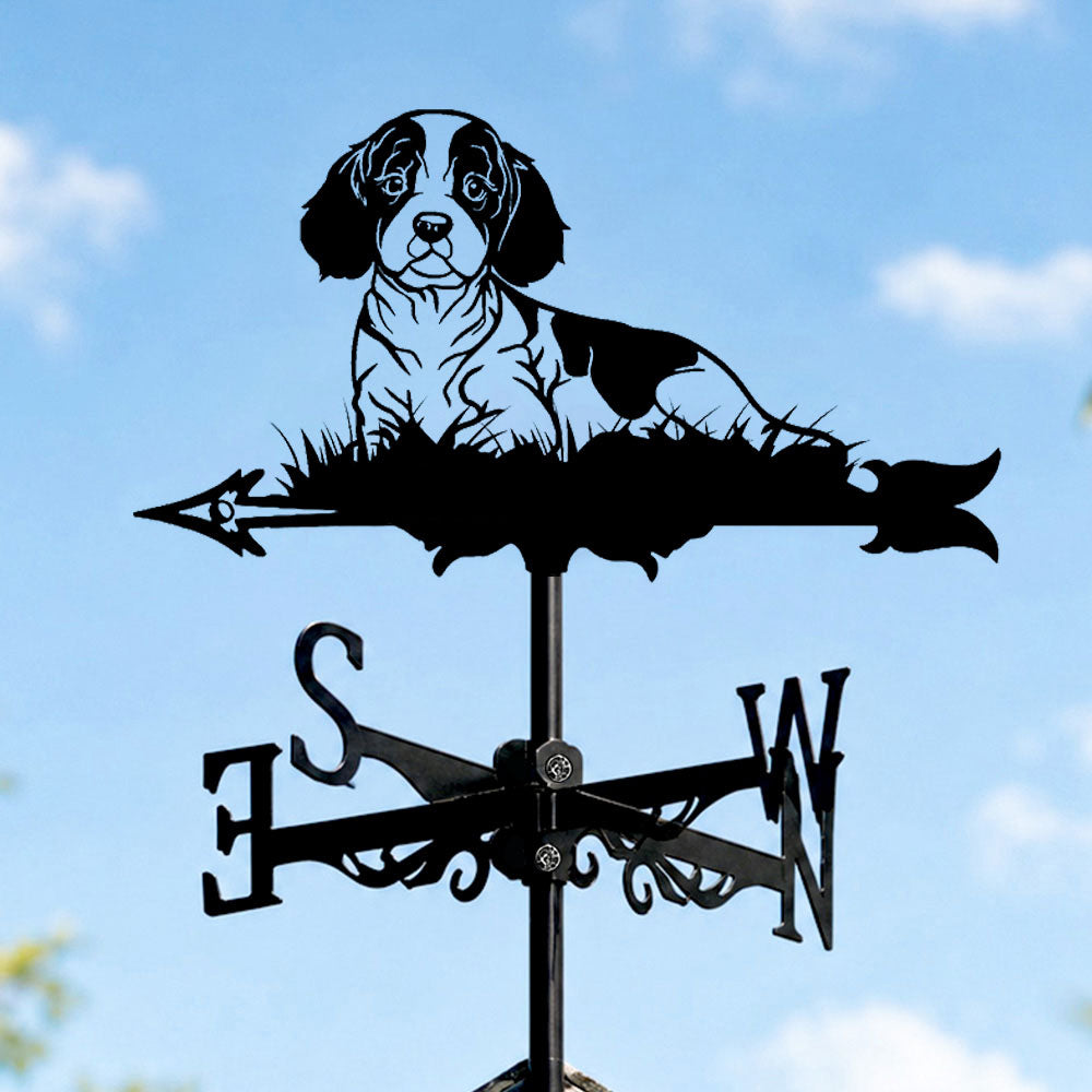Cavalier King Charles Spaniel metal weather vane with directional arrows and mounting rod, outdoor roof and garden decoration
