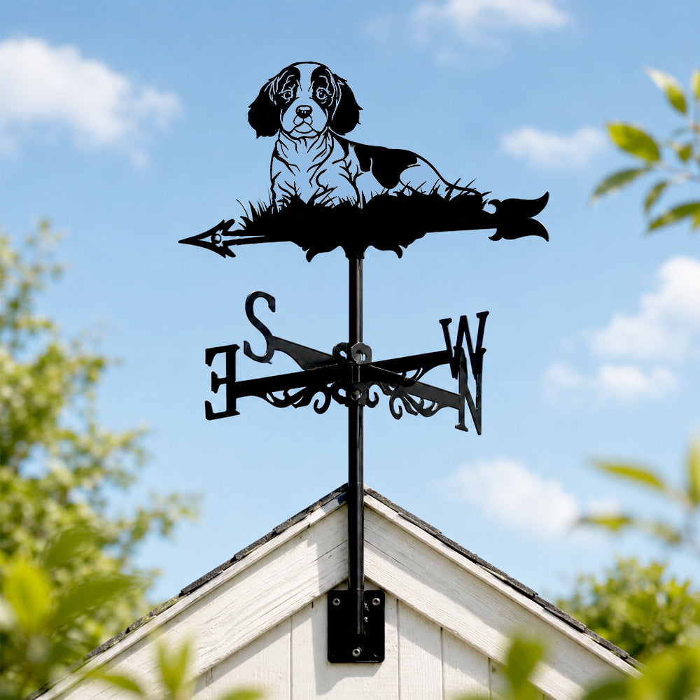 Cavalier King Charles Spaniel metal weather vane with directional arrows and mounting rod, outdoor roof and garden decoration