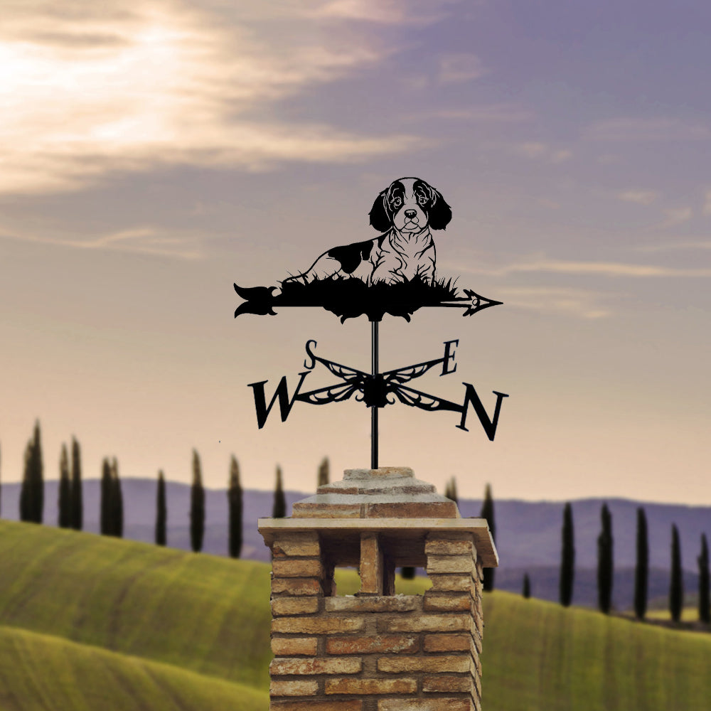 Cavalier King Charles Spaniel metal weather vane with directional arrows and mounting rod, outdoor roof and garden decoration