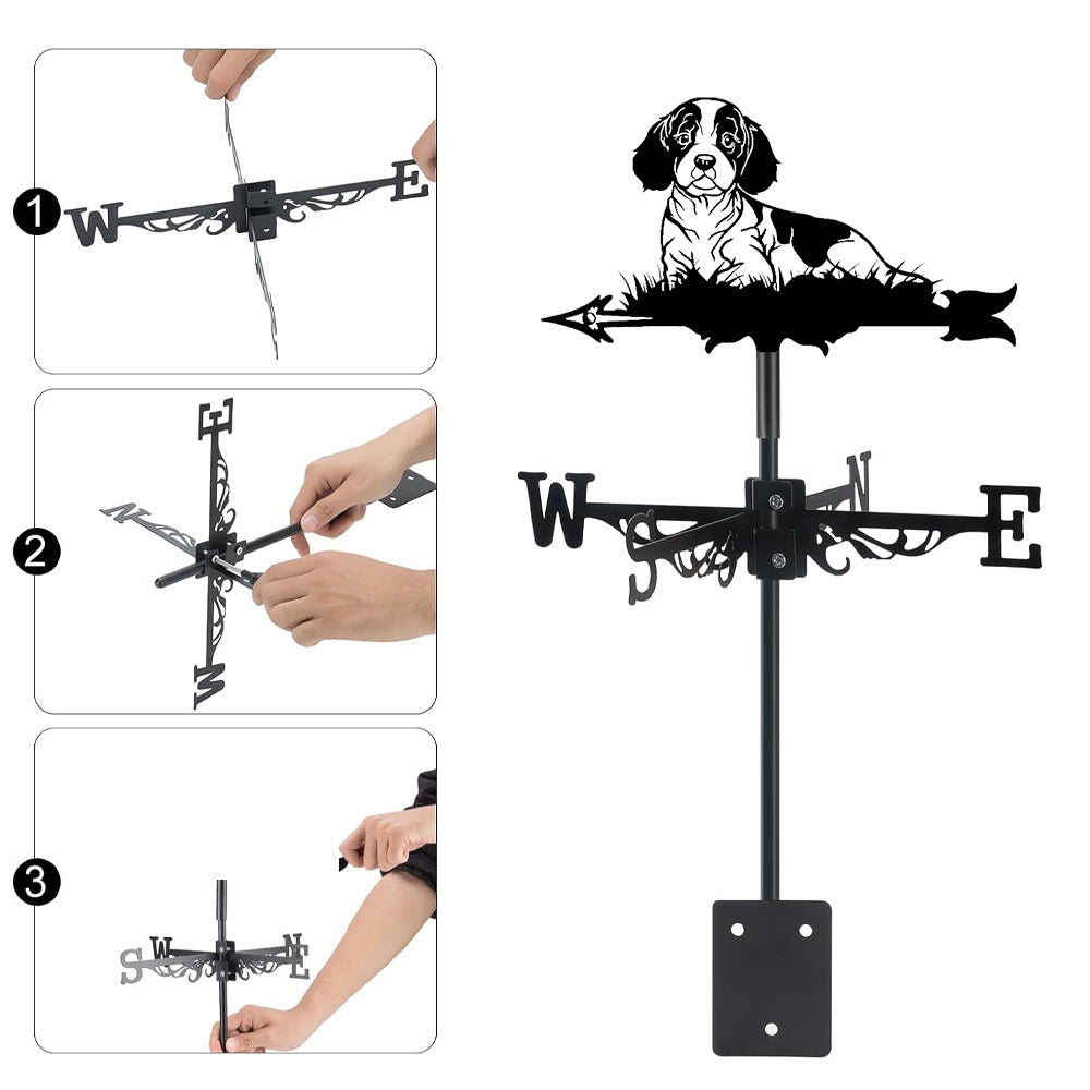 Cavalier King Charles Spaniel metal weather vane with directional arrows and mounting rod, outdoor roof and garden decoration