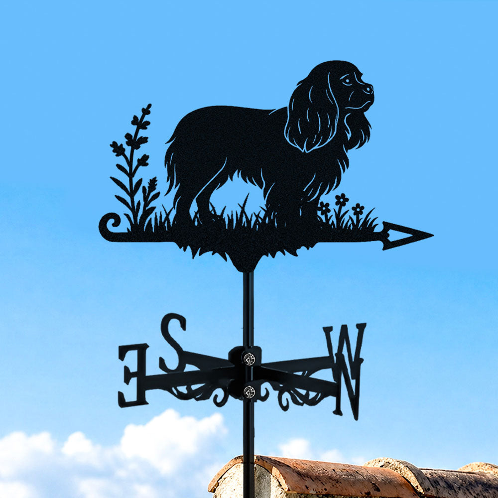 Cavalier King Charles Spaniel metal weather vane with directional arrows and mounting rod, outdoor roof and garden decoration