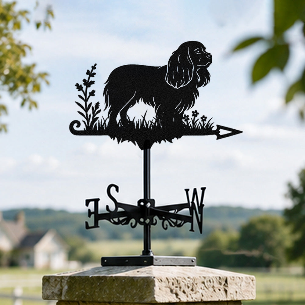 Cavalier King Charles Spaniel metal weather vane with directional arrows and mounting rod, outdoor roof and garden decoration