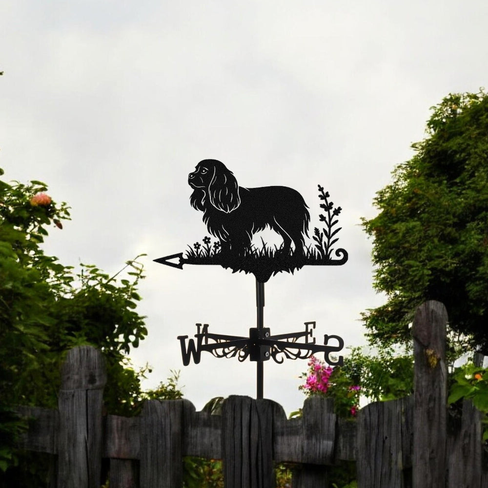 Cavalier King Charles Spaniel metal weather vane with directional arrows and mounting rod, outdoor roof and garden decoration