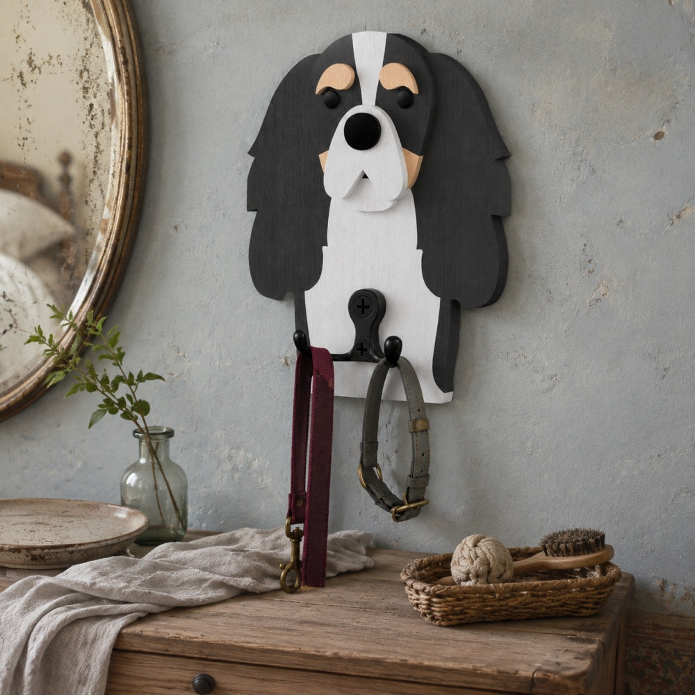 Cavalier King Charles Spaniel wooden dog wall hook key and leash holder for home entryway organizer