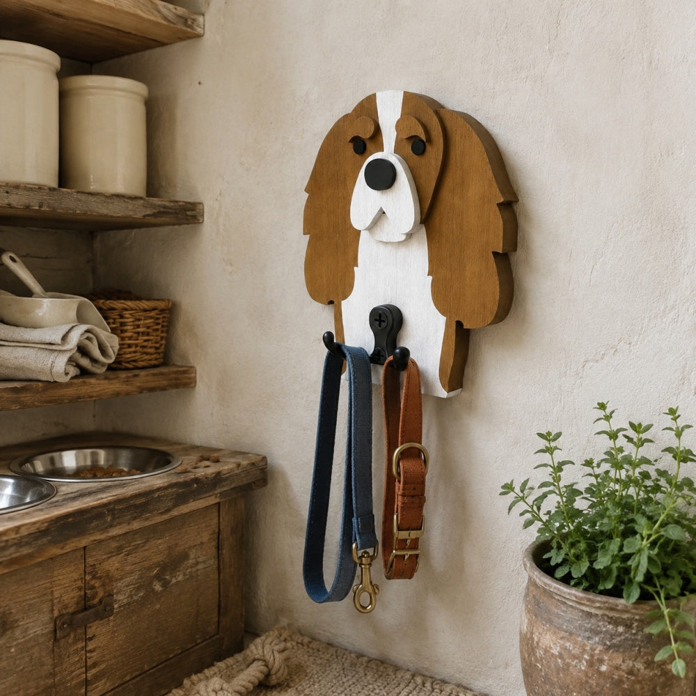 Cavalier King Charles Spaniel wooden dog wall hook key and leash holder for home entryway organizer