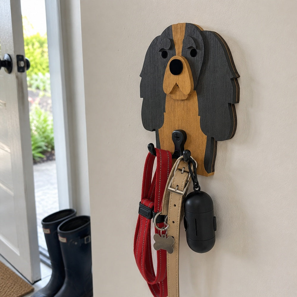 Cavalier King Charles Spaniel wooden dog wall hook key and leash holder for home entryway organizer