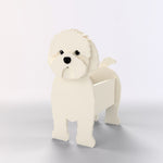 Adorable white cavapoo-shaped dog planter on a light gray background