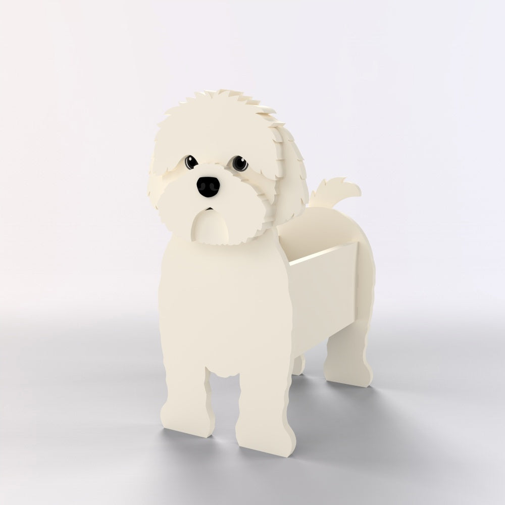 Adorable white cavapoo-shaped dog planter on a light gray background