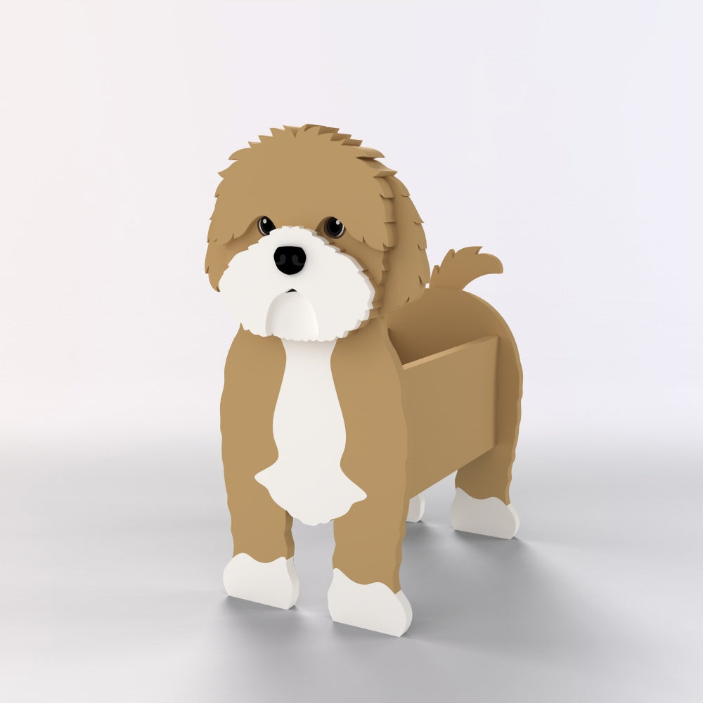 Adorable Cavapoo-shaped dog planter featuring a brown and white coat