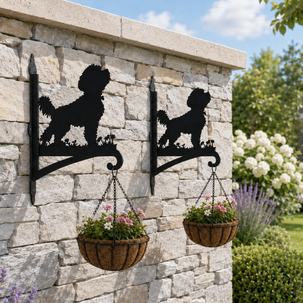 Cavapoo metal hanging basket bracket mounted on outdoor wall for plant decoration