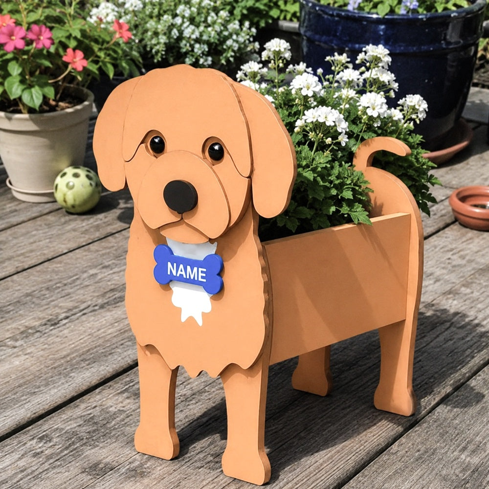 Cavoodle dog planter filled with fresh flowers is placed in the garden