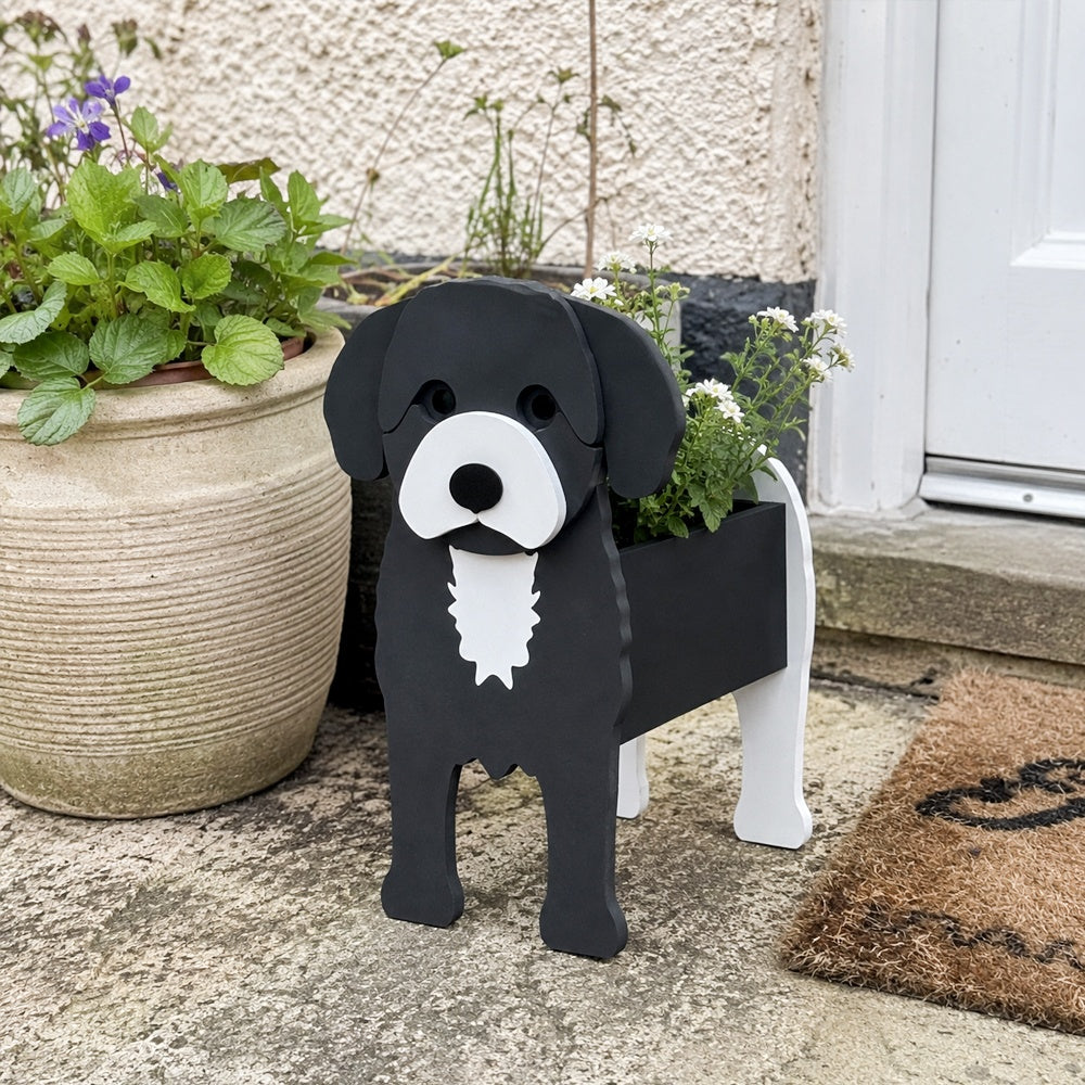 Cavoodle dog planter filled with fresh flowers is placed in the garden