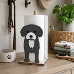Cavoodle Wooden Dog Paper Towel Holder displayed on a kitchen countertop with a freestanding paper towel roll