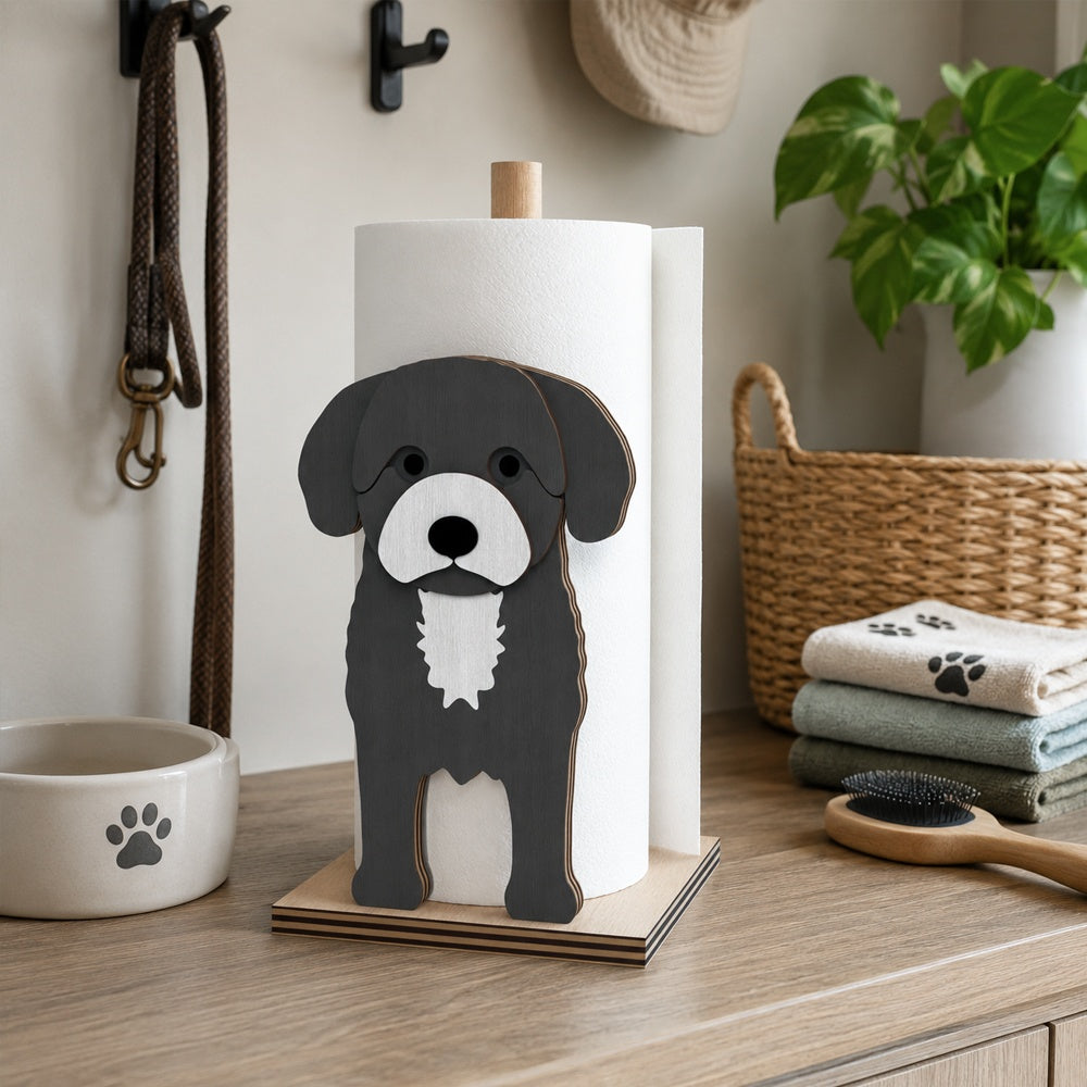Cavoodle Wooden Dog Paper Towel Holder displayed on a kitchen countertop with a freestanding paper towel roll