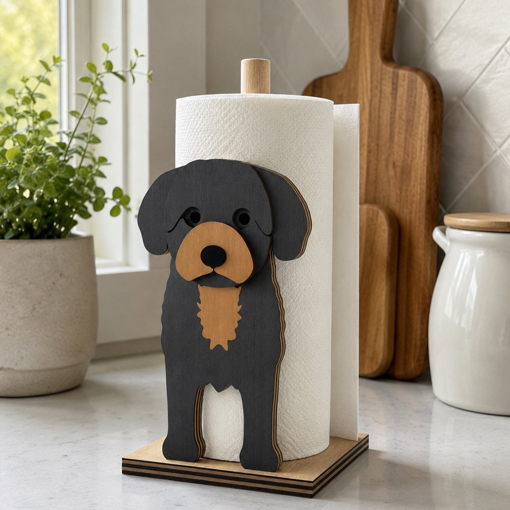 Cavoodle Wooden Dog Paper Towel Holder displayed on a kitchen countertop with a freestanding paper towel roll
