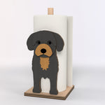 Cavoodle Wooden Dog Paper Towel Holder displayed on a kitchen countertop with a freestanding paper towel roll