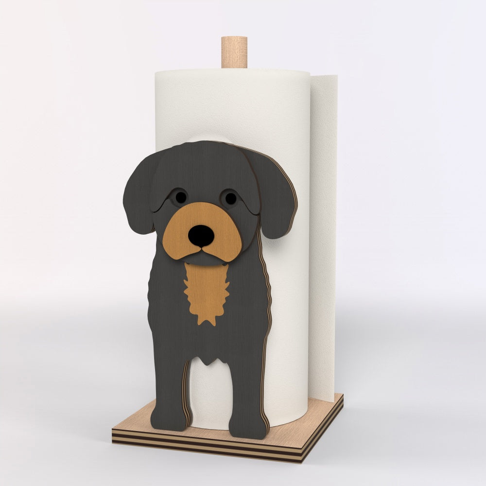 Cavoodle Wooden Dog Paper Towel Holder displayed on a kitchen countertop with a freestanding paper towel roll