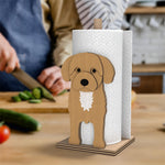 Cavoodle Wooden Dog Paper Towel Holder displayed on a kitchen countertop with a freestanding paper towel roll