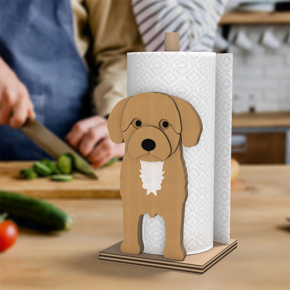 Cavoodle Wooden Dog Paper Towel Holder displayed on a kitchen countertop with a freestanding paper towel roll