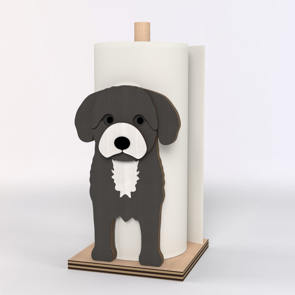 Cavoodle Wooden Dog Paper Towel Holder displayed on a kitchen countertop with a freestanding paper towel roll
