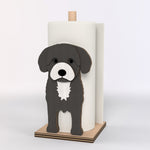Cavoodle Wooden Dog Paper Towel Holder displayed on a kitchen countertop with a freestanding paper towel roll