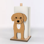 Cavoodle Wooden Dog Paper Towel Holder displayed on a kitchen countertop with a freestanding paper towel roll