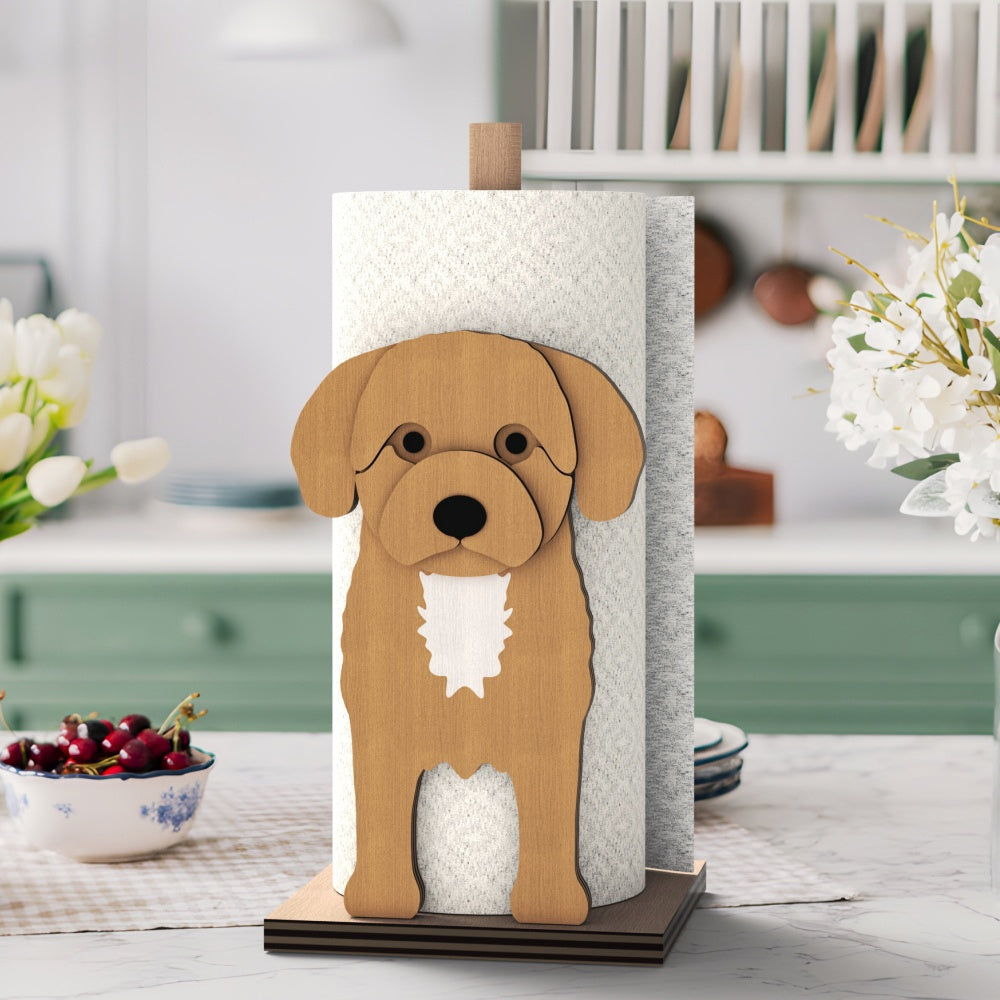 Cavoodle Wooden Dog Paper Towel Holder displayed on a kitchen countertop with a freestanding paper towel roll