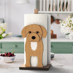 Cavoodle Wooden Dog Paper Towel Holder displayed on a kitchen countertop with a freestanding paper towel roll