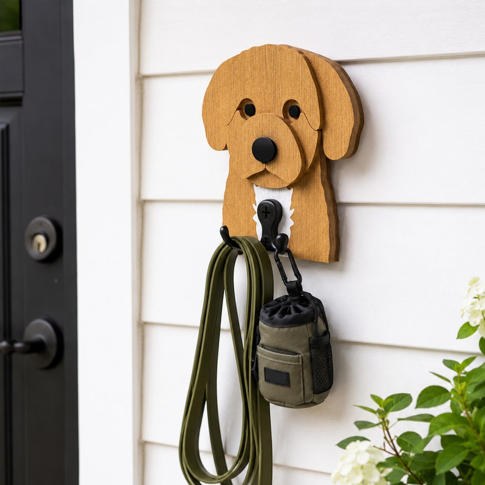 Wooden cavoodle dog wall hook key and leash holder for home entryway organizer