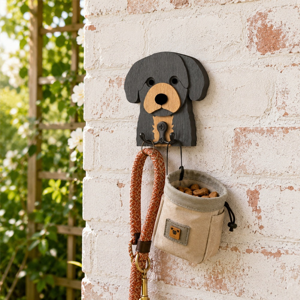 Wooden cavoodle dog wall hook key and leash holder for home entryway organizer