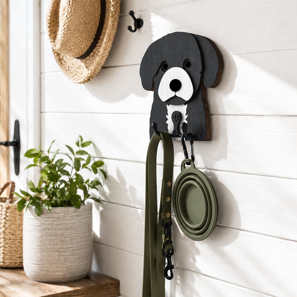 Wooden cavoodle dog wall hook key and leash holder for home entryway organizer