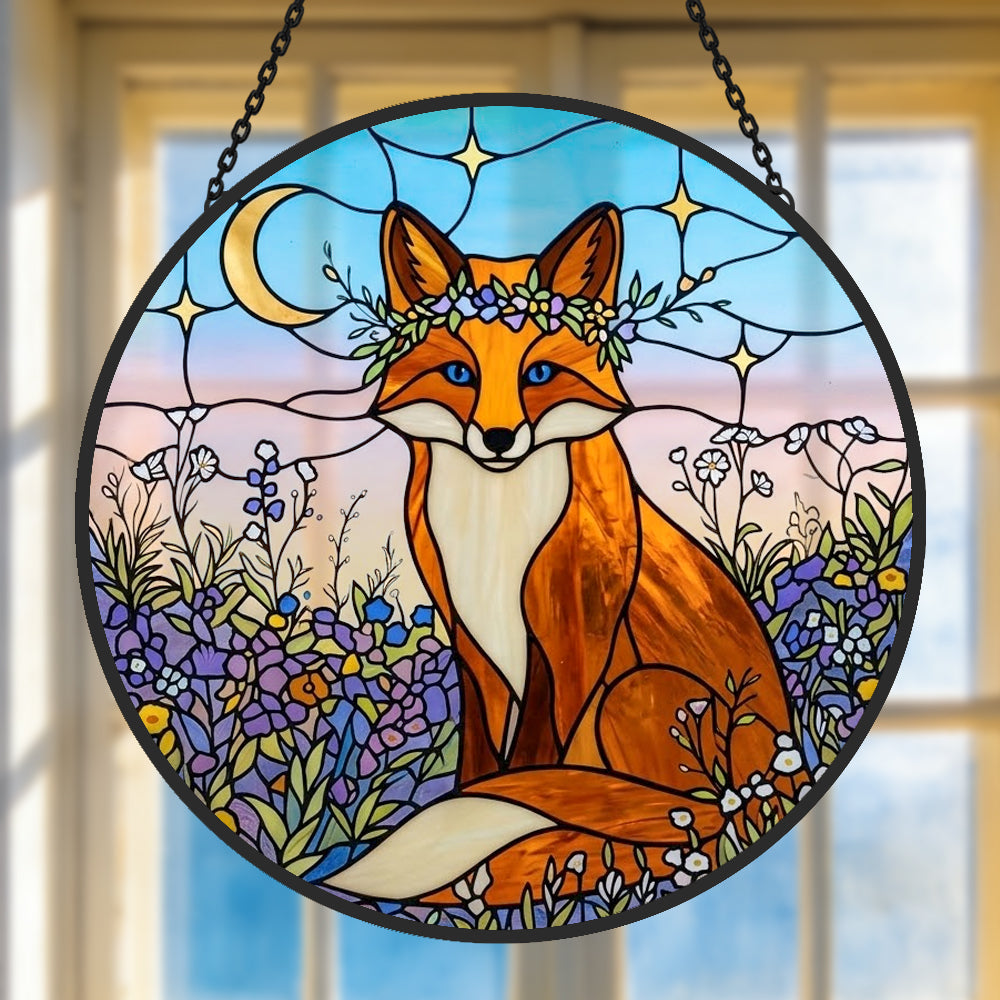 Celestial moonflower fox stained glass suncatcher window hanging, suitable for home and garden decoration