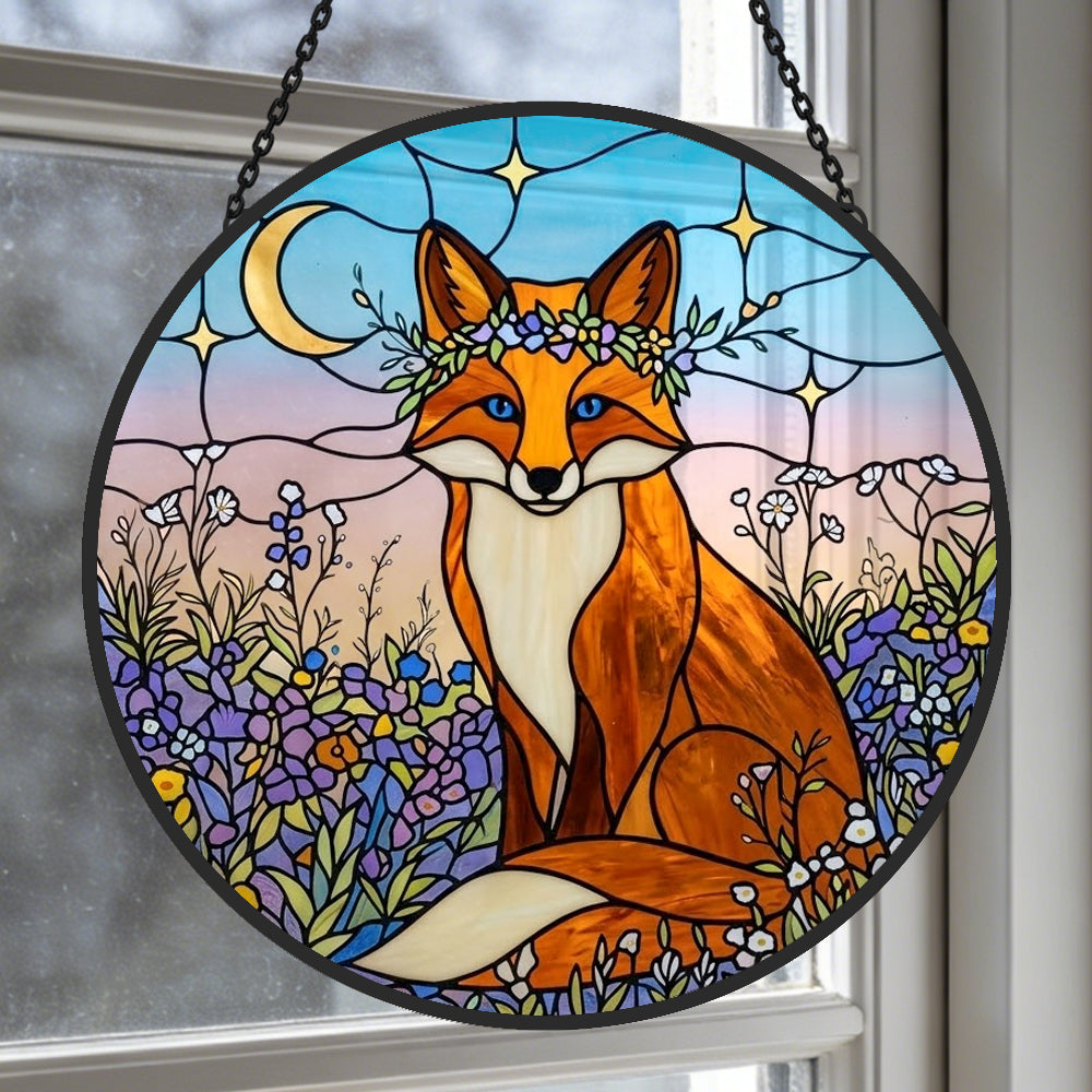 Celestial moonflower fox stained glass suncatcher window hanging, suitable for home and garden decoration