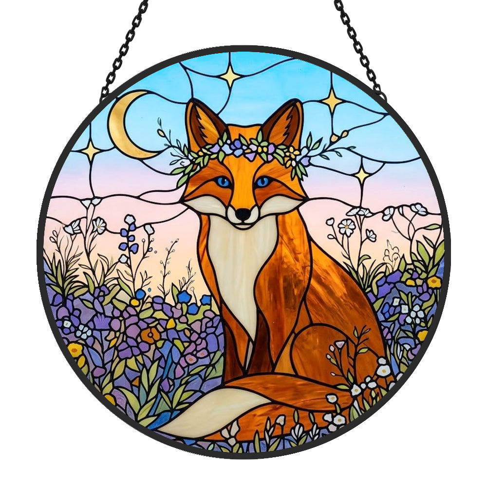 Celestial moonflower fox stained glass suncatcher window hanging, suitable for home and garden decoration