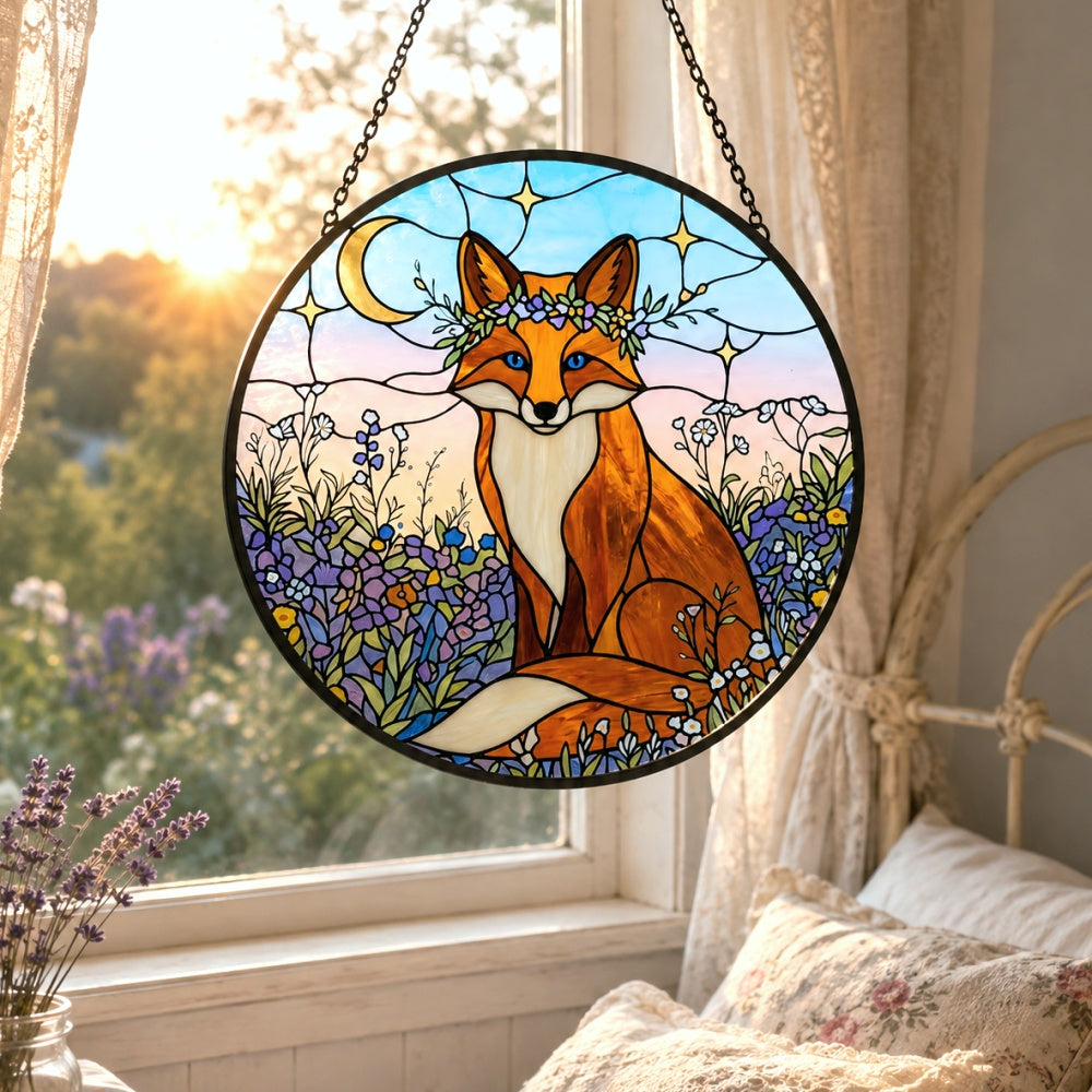 Celestial moonflower fox stained glass suncatcher window hanging, suitable for home and garden decoration