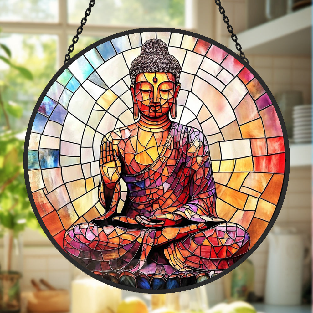 Celestial mystical zen buddha stained glass suncatcher window hanging, suitable for home and garden decoration