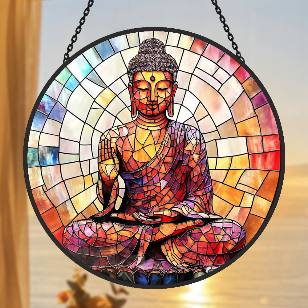 Celestial mystical zen buddha stained glass suncatcher window hanging, suitable for home and garden decoration