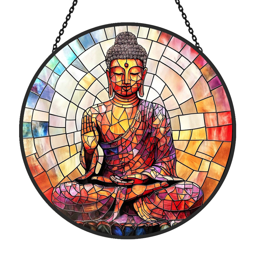 Celestial mystical zen buddha stained glass suncatcher window hanging, suitable for home and garden decoration